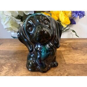 Vintage Blue Mountain‎ Pottery Dog Figurine Green Drip Glaze Puppy Ceramic Decor